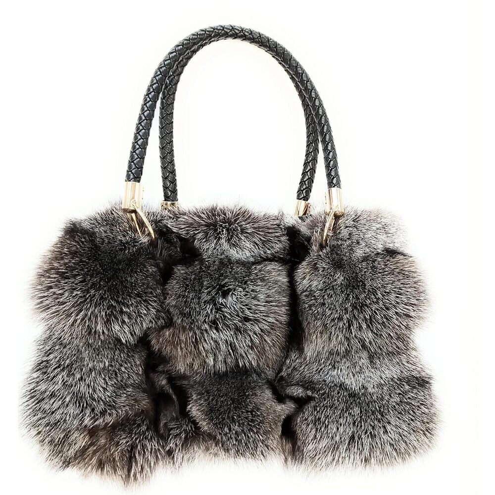 Luxury Real Fox Fur Handbag For Women Ladies Furry Shoulder Bag (Gray)